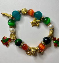Load image into Gallery viewer, Exotic Green Tiger Eye, Red Agate, Cultured Pearl and Orange Cat Eye Gemstone Stretch Bracelet