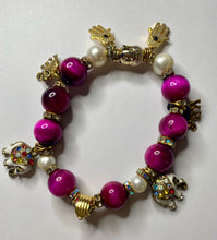 Load image into Gallery viewer, Exotic Fuchsia Tiger Eye and Cultured Pearl Gemstone Stretch Bracelet with Elephant Charms
