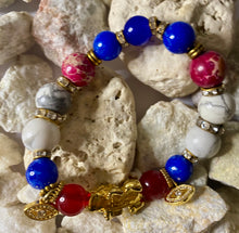 Load image into Gallery viewer, Blue & Red Agate, Red Jasper and Marbled White Howlite Gemstone Stretch Bracelet