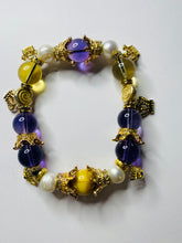 Load image into Gallery viewer, Exotic Amethyst, Citrine, Pearl and Gold Tiger Eye Gemstone Stretch Bracelet