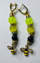 Load image into Gallery viewer, Exotic Yellow and Black Agate Gemstone Dangle Earrings with Bee Charms