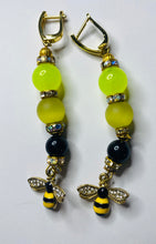 Load image into Gallery viewer, Exotic Yellow and Black Agate Gemstone Dangle Earrings with Bee Charms