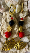 Load image into Gallery viewer, Exotic Black Agate and Red Jasper Gemstone Dangle Earrings with Fan Charm