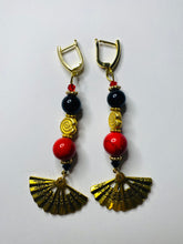 Load image into Gallery viewer, Exotic Black Agate and Red Jasper Gemstone Dangle Earrings with Fan Charm