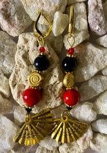 Load image into Gallery viewer, Exotic Black Agate and Red Jasper Gemstone Dangle Earrings with Fan Charm