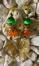 Load image into Gallery viewer, Exotic Green Tiger Eye and Peach Agate Gemstone Dangle Earrings with Gold Leaf Charm