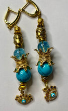 Load image into Gallery viewer, Exotic Light Sky Blue Quartz and Turquoise Gemstone Dangle Earrings with Evil Eye Charms