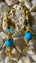 Load image into Gallery viewer, Exotic Light Sky Blue Quartz and Turquoise Gemstone Dangle Earrings with Evil Eye Charms