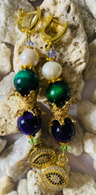Load image into Gallery viewer, Exotic Amethyst, Emerald Green Tiger Eye and Cultured Pearl Gemstone Dangle Earrings with Evil Eye Charms