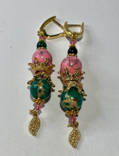 Load image into Gallery viewer, Exotic Pink and Green Jasper Gemstone Dangle Earrings with Tiny Leaf Charms