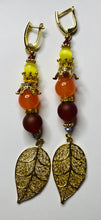 Load image into Gallery viewer, Exotic Matte Red Carnelian, Yellow Cat Eye Quartz and Peach Agate Gemstone Dangle Earrings with Gold Filigree Leaf Charm