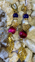 Load image into Gallery viewer, Exotic Blue Agate, Fuchsia Pink Tiger Eye and Natural Cultured Pearl Gemstone Dangle Earrings with Leaf Charms