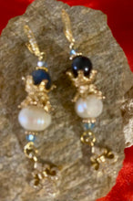 Load image into Gallery viewer, Exotic Blue Kyanite and Cultured Pearl Gemstone Dangle Earrings with Fleur de Lis Charms