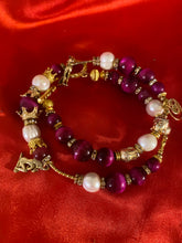 Load image into Gallery viewer, Exotic Fuchsia Pink Tiger Eye and Cultured Pearl Gemstone Tibetan Double Wrap Bracelet