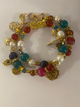 Load image into Gallery viewer, Exotic Blue Tiger Eye, Red Agate, Pink Purple Morganite, Blue Green Agate and Cultured Pearl Gemstone Tibetan Double Wrap Bracelet