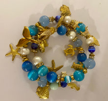 Load image into Gallery viewer, Exotic Blue Azurite, Blue Tiger Eye, Cultured Pearl and Cat Eye Quartz Gemstone Tibetan Double Wrap Bracelet with Marine Charms