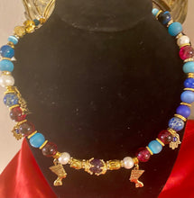 Load image into Gallery viewer, Exotic Blue Jasper, Red Agate, Matte Agate and Cultured Pearl Gemstone Double Wrap Bracelet with Egyptian Charms