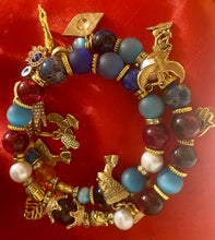 Load image into Gallery viewer, Exotic Blue Jasper, Red Agate, Matte Agate and Cultured Pearl Gemstone Double Wrap Bracelet with Egyptian Charms