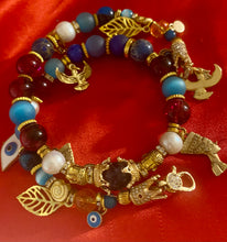 Load image into Gallery viewer, Exotic Blue Jasper, Red Agate, Matte Agate and Cultured Pearl Gemstone Double Wrap Bracelet with Egyptian Charms