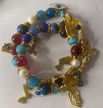 Load image into Gallery viewer, Exotic Blue Jasper, Red Agate, Matte Agate and Cultured Pearl Gemstone Double Wrap Bracelet with Egyptian Charms