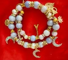Load image into Gallery viewer, Exotic Blue Larimar and Cultured Pearl Gemstone Tibetan Double Wrap Bracelet with Agate Druzy Charms