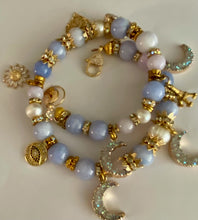 Load image into Gallery viewer, Exotic Blue Larimar and Cultured Pearl Gemstone Tibetan Double Wrap Bracelet with Agate Druzy Charms