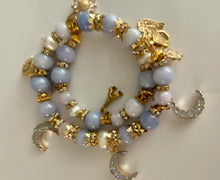 Load image into Gallery viewer, Exotic Blue Larimar and Cultured Pearl Gemstone Tibetan Double Wrap Bracelet with Agate Druzy Charms