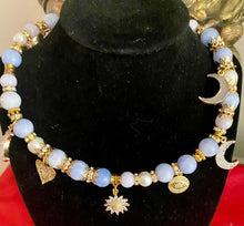 Load image into Gallery viewer, Exotic Blue Larimar and Cultured Pearl Gemstone Tibetan Double Wrap Bracelet with Agate Druzy Charms