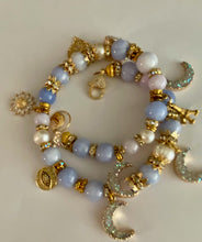 Load image into Gallery viewer, Exotic Blue Larimar and Cultured Pearl Gemstone Tibetan Double Wrap Bracelet with Agate Druzy Charms
