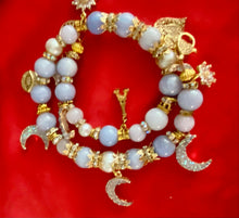 Load image into Gallery viewer, Exotic Blue Larimar and Cultured Pearl Gemstone Tibetan Double Wrap Bracelet with Agate Druzy Charms