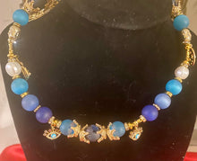 Load image into Gallery viewer, Exotic Blue Green and Dark Blue Matte Agate and Cultured Pearl Gemstone Double Wrap Bracelet