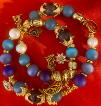 Load image into Gallery viewer, Exotic Blue Green and Dark Blue Matte Agate and Cultured Pearl Gemstone Double Wrap Bracelet