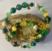 Load image into Gallery viewer, Exotic Aveturine, Green Agate, Green Tiger Eye, Yellow Matte Agate and White Cultured Pearl Gemstone Tibetan Double Wrap Bracelet