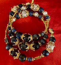 Load image into Gallery viewer, Exotic Blue Kyanite and White Cultured Pearl Gemstone Tibetan Triple Wrap Bracelet