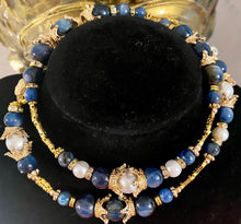 Load image into Gallery viewer, Exotic Blue Kyanite and White Cultured Pearl Gemstone Tibetan Triple Wrap Bracelet