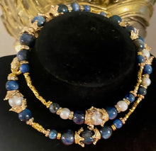 Load image into Gallery viewer, Exotic Blue Kyanite and White Cultured Pearl Gemstone Tibetan Triple Wrap Bracelet