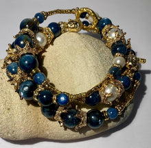 Load image into Gallery viewer, Exotic Blue Kyanite and White Cultured Pearl Gemstone Tibetan Triple Wrap Bracelet
