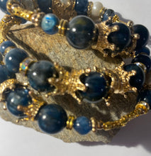 Load image into Gallery viewer, Exotic Blue Kyanite and White Cultured Pearl Gemstone Tibetan Triple Wrap Bracelet