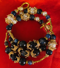 Load image into Gallery viewer, Exotic Blue Kyanite and White Cultured Pearl Gemstone Tibetan Triple Wrap Bracelet