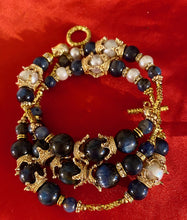 Load image into Gallery viewer, Exotic Blue Kyanite and White Cultured Pearl Gemstone Tibetan Triple Wrap Bracelet