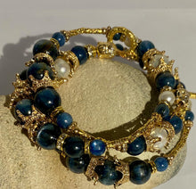Load image into Gallery viewer, Exotic Blue Kyanite and White Cultured Pearl Gemstone Tibetan Triple Wrap Bracelet