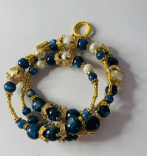 Load image into Gallery viewer, Exotic Blue Kyanite and White Cultured Pearl Gemstone Tibetan Triple Wrap Bracelet