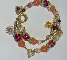 Load image into Gallery viewer, Exotic Bright Fuchsia Pink Tiger Eye, Light Pink Cat Eye Quartz, Peach Agate and White Cultured Pearl Gemstone Tibetan Double Wrap Bracelet
