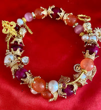 Load image into Gallery viewer, Exotic Bright Fuchsia Pink Tiger Eye, Light Pink Cat Eye Quartz, Peach Agate and White Cultured Pearl Gemstone Tibetan Double Wrap Bracelet