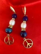 Load image into Gallery viewer, Exotic Blue Tiger Eye, Blue Agate and Pearl Gemstone Tibetan Dangle Earrings with Peace Symbol Charms