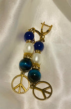 Load image into Gallery viewer, Exotic Blue Tiger Eye, Blue Agate and Pearl Gemstone Tibetan Dangle Earrings with Peace Symbol Charms