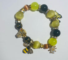 Load image into Gallery viewer, Exotic Black Agate, Light Yellow Cat Eye Quartz Gemstone Tibetan Stretch Bracelet with Cute Charms