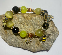 Load image into Gallery viewer, Exotic Black Agate, Light Yellow Cat Eye Quartz Gemstone Tibetan Stretch Bracelet with Cute Charms