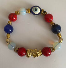 Load image into Gallery viewer, Exotic Red Agate, Blue Tiger Eye and White Opal Gemstone Tibetan Stretch Bracelet