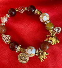 Load image into Gallery viewer, Exotic Brown Tiger Eye, White Howlite, Dragon Vein Agate and Sunstone Gemstone Tibetan Stretch Bracelet